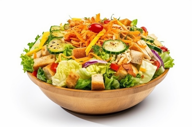 Un gros plan d'une salade dans un bol en bois sur une surface blanche ai générative
