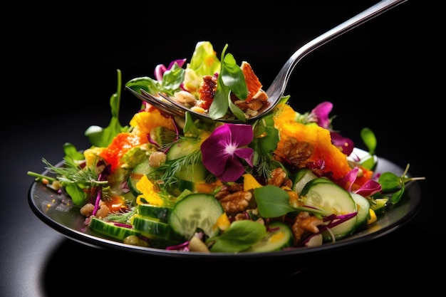 un gros plan d'une salade mixte vibrante avec une fourchette créée avec une IA générative