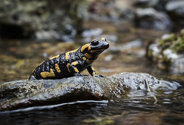 Gros plan d'une salamandre de feu sur un rocher dans une rivière