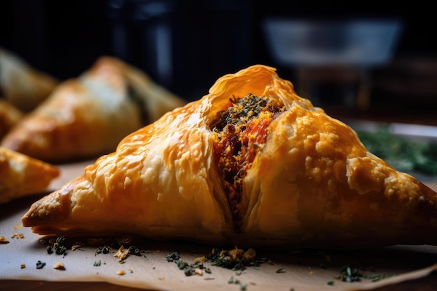 Gros plan de samsa avec sa croûte dorée et sa garniture savoureuse visible