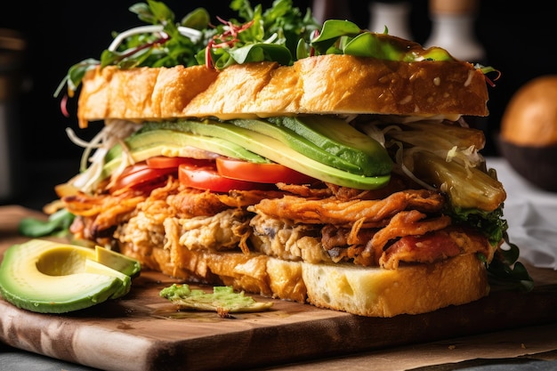 Gros plan de sandwich colombien avec des couches de plantains frits et des tranches d'avocat