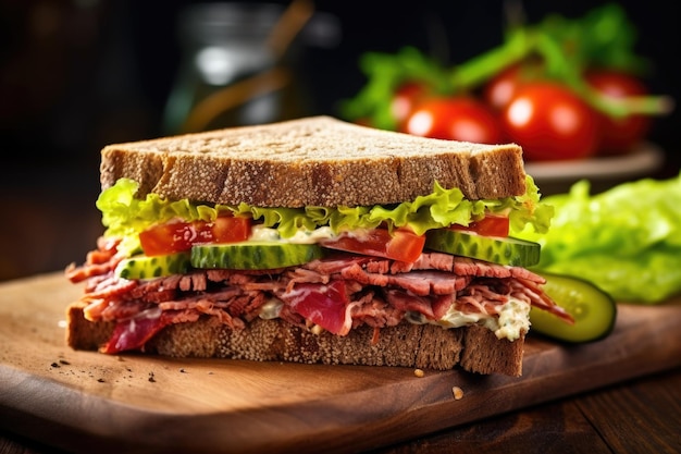 Gros plan d'un sandwich avec des cornichons, des tomates et de la laitue