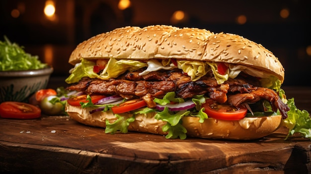 Gros plan d'un sandwich kebab sur une vieille table en bois