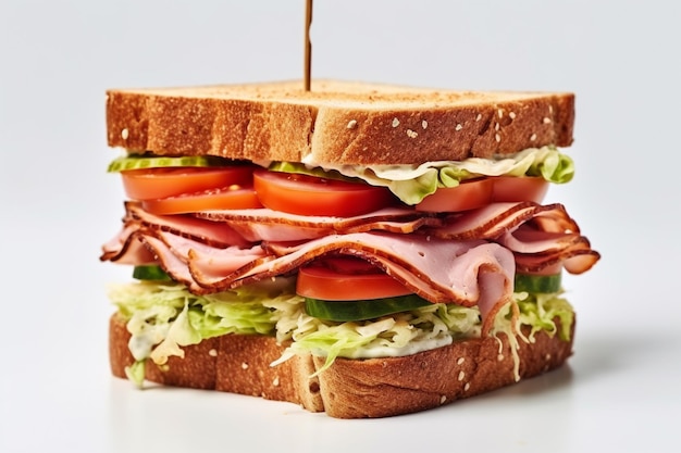 un gros plan d'un sandwich avec de la viande et des légumes sur une surface blanche ai générative