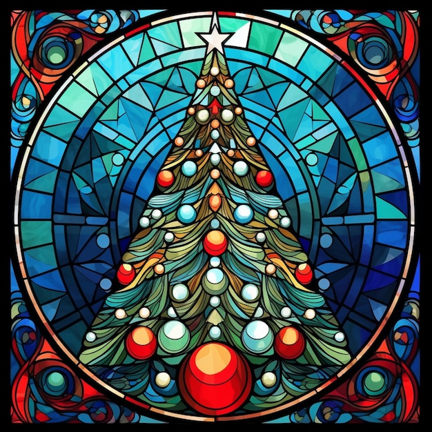 un gros plan d'un sapin de Noël en vitrail avec des ornements ai génératif