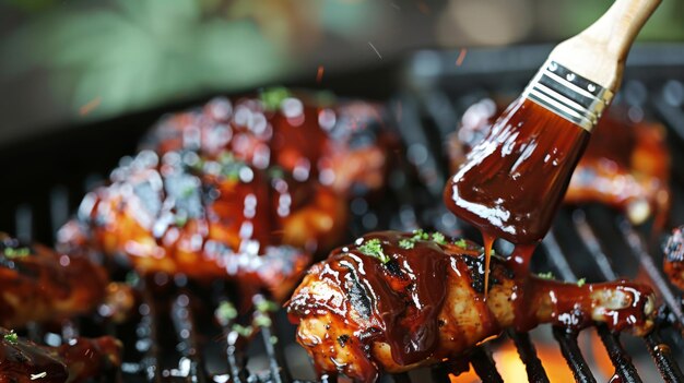 Photo un gros plan d'une sauce barbecue brossant des morceaux de poulet grillés ajoutant un lustre brillant et une saveur savoureuse