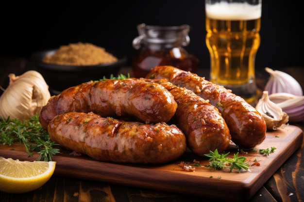 Gros plan de saucisses avec de la bière scintillante et du glaçage à l'oignon