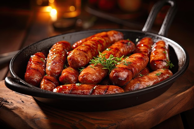 Gros plan de saucisses cuites au barbecue sur une table en bois