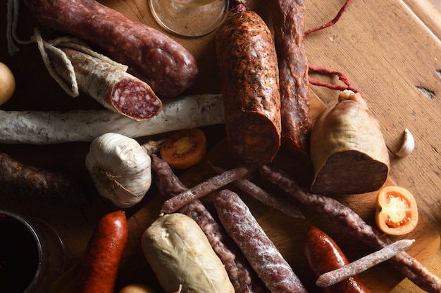 Photo gros plan de saucisses espagnoles typiques sur table en bois