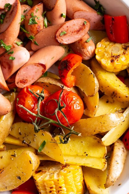 Photo gros plan de saucisses grillées avec pommes de terre