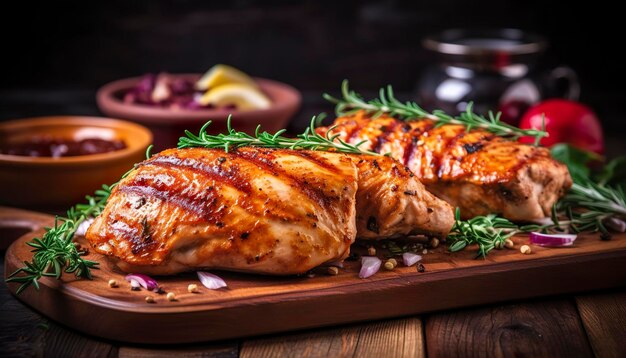 Gros plan d'une savoureuse poitrine de poulet rôtie servie sur une planche de bois Poulet grillé AI générative