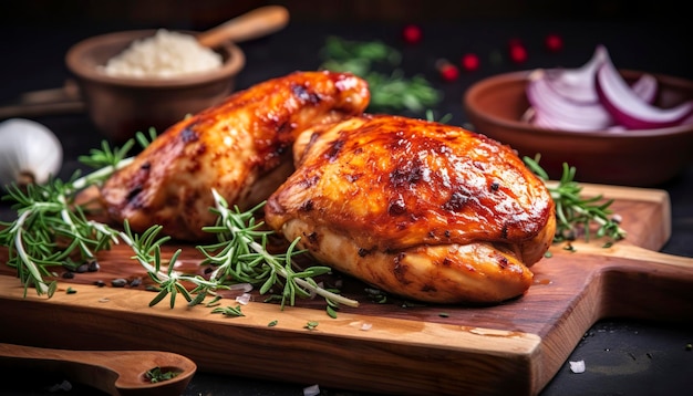 Gros plan de savoureuse poitrine de poulet rôtie servie sur planche de bois Poulet grillé