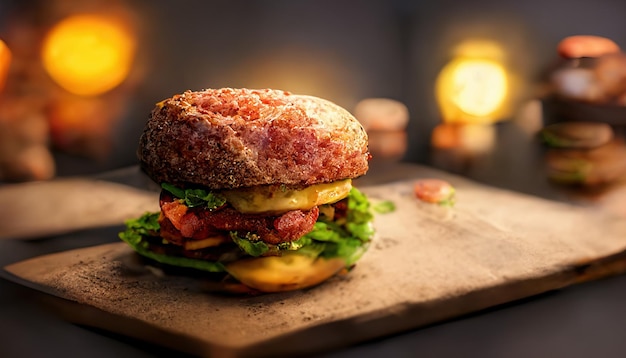 Gros plan de savoureux burger de boeuf maison et salade sur fond de bois rustique Restauration rapide et malbouffe