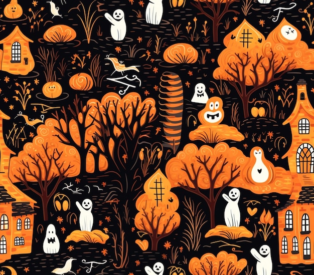 un gros plan d'une scène d'Halloween avec une maison et des arbres génératifs ai