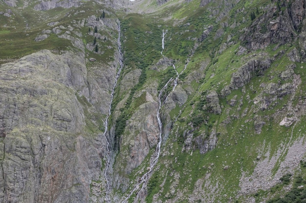 Gros plan sur des scènes de montagnes, à pied du pont de Trift dans le parc national de la Suisse, de l'Europe. Paysage d'été, temps ensoleillé, ciel nuageux dramatique et journée ensoleillée