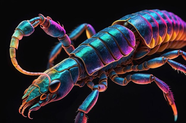 Un gros plan d'un scorpion coloré sur un fond noir