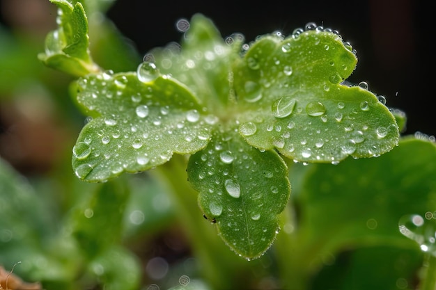 Gros plan d'un semis fraîchement germé avec des gouttelettes de rosée sur des feuilles créées avec une IA générative