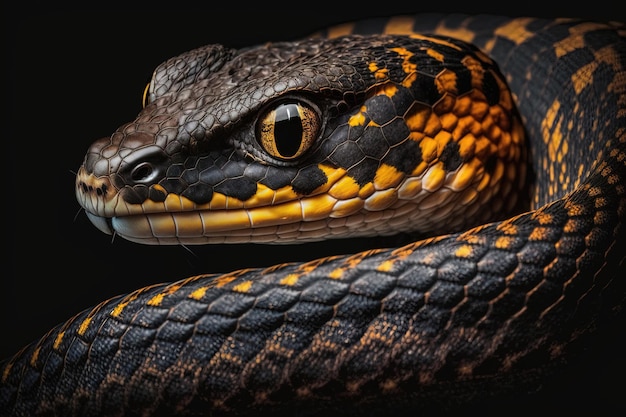 Un gros plan d'un serpent mettant en valeur sa peau écailleuse et ses motifs complexes sur fond noir AI générative