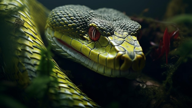 un gros plan d'un serpent avec une peau de serpent verte et jaune