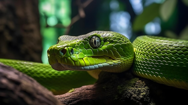 En gros plan, un serpent vert avec de belles écailles regarde sa proie générée par l'AI.