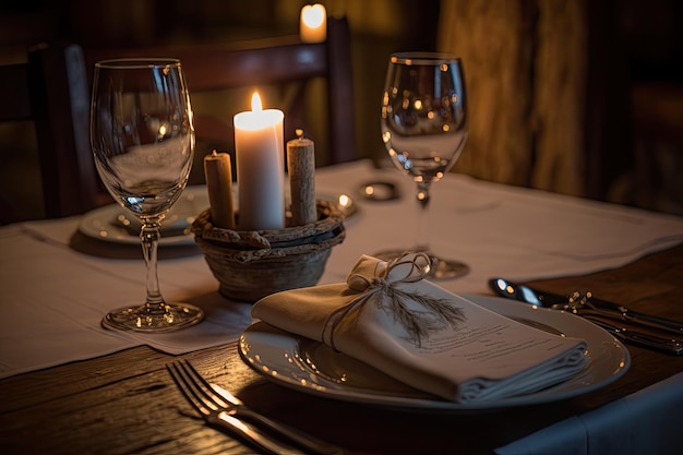 Un gros plan d'une serviette sur une table en bois avec des bougies et des verres mis en place pour un dîner romantique