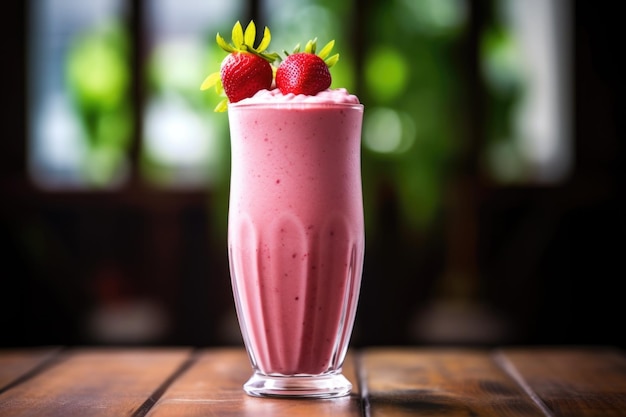 Gros plan d'un shake aux fraises dans un grand verre