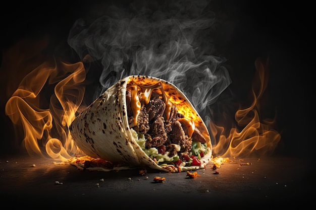 Gros plan d'un shawarma grésillant avec des gouttes de graisse et de la fumée qui monte créée avec une ai générative