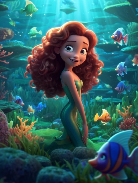 Photo un gros plan d'une sirène de dessin animé avec des cheveux longs et un poisson génératif ai