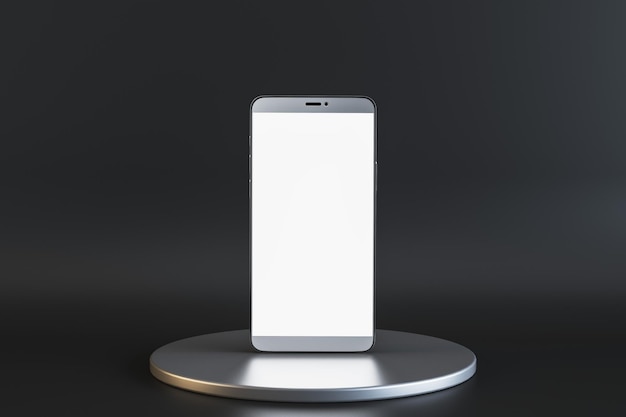 Gros plan sur un smartphone blanc vide sur un socle rond sur fond noir avec un lieu de maquette Présentation et concept de produit Rendu 3D