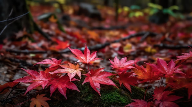 Un gros plan d'un sol forestier avec des feuilles rouges et une branche d'arbre en arrière-plan