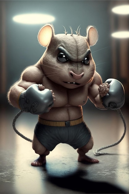 Gros plan d'une souris de dessin animé avec des gants de boxe générative ai