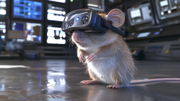 Photo un gros plan d'une souris portant un casque de réalité virtuelle la souris se tient sur une table et regarde autour d'elle