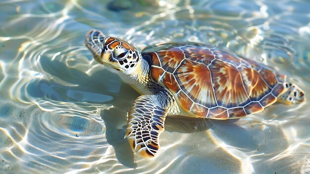 Un gros plan sous-marin d'une tortue marine nageant dans l'océan La tortue est entourée de la lumière du soleil et a une expression paisible sur son visage