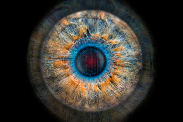 Gros plan spectaculaire Iris humain et concept hitech processus de numérisation de reconnaissance de l'œil humain