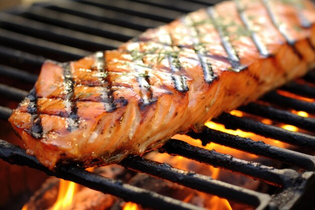 Un gros plan d'un steak de saumon grillé présentant une texture feuilletée