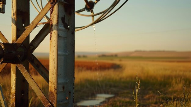 Un gros plan d'une structure en acier soutenant un système d'irrigation à pivot central avec une eau circulaire