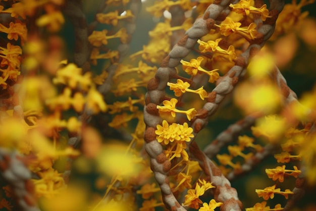 Un gros plan d'une structure d'adn avec des fleurs jaunes