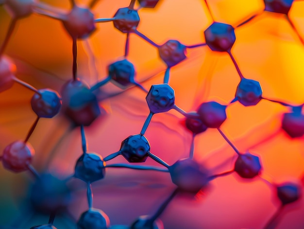 Un gros plan d'une structure moléculaire abstraite d'un avec des sphères entrelacées dans des motifs géométriques