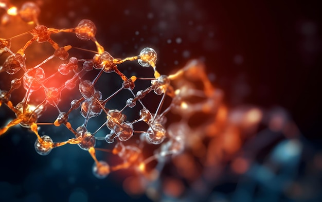 Un gros plan d'une structure moléculaire avec un fond orange et bleu