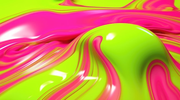 Le gros plan d'une surface liquide brillante dans des couleurs vert lime vif et rose chaud avec une illustration 3D floue d'exubérant