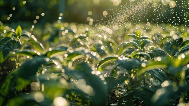 Photo un gros plan d'un système d'irrigation à énergie solaire en action avec l'eau pulvérisée sur des rangées de