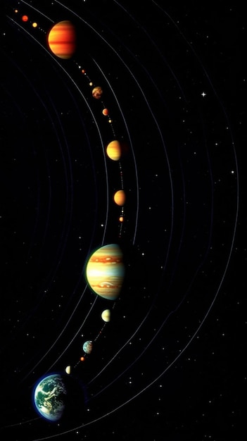 un gros plan d'un système solaire avec des planètes et du soleil dans le ciel ai génératif