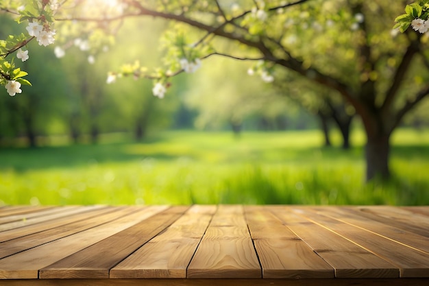 Un gros plan d'une table en bois avec un arbre en arrière-plan Arrière-plan de printemps