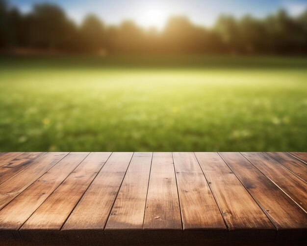 un gros plan d'une table en bois avec un champ en arrière-plan