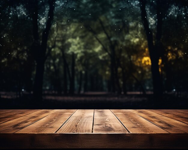 un gros plan d'une table en bois dans une forêt avec un fond flou