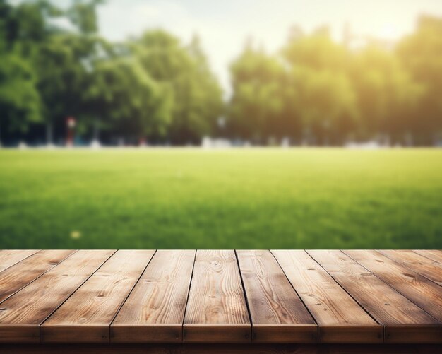 un gros plan d'une table en bois avec un fond flou