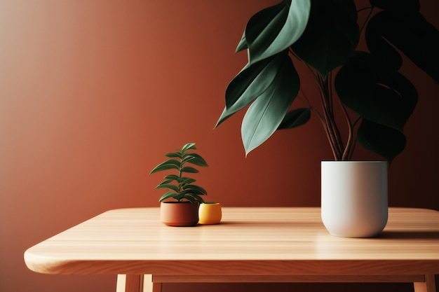 gros plan d'une table en bois avec une plante en arrière-plan dans un style minimaliste