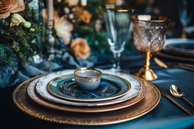 Un gros plan d'une table avec une nappe bleue ai générative