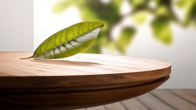 Gros plan d'une table ronde en bois de teck vide avec la lumière du soleil et les feuilles sur le mur blanc