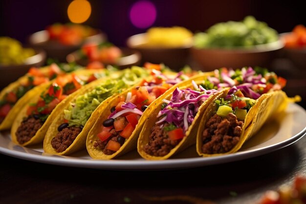 Un gros plan de tacos colorés disposés sur une assiette